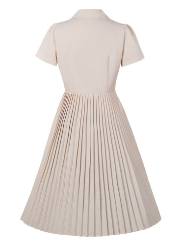 Women Summer Turndown Collar Button Accordion Pleat Short Sleeve Slim Dress