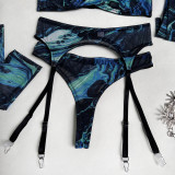 Tie-Dye Mesh Sexy Lingerie Set with 5 Pieces, including Gloves and Mesh Thigh-High Stockings