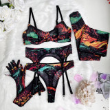 Tie-Dye Mesh Sexy Lingerie Set with 5 Pieces, including Gloves and Mesh Thigh-High Stockings