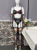 Tie-Dye Mesh Sexy Lingerie Set with 5 Pieces, including Gloves and Mesh Thigh-High Stockings