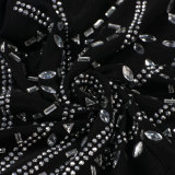 Sexy Bodycon Dress with Rhinestone and Fringe Detailing, featuring Sheer Panels and Diamond Embellishments