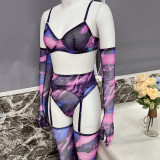 Tie-Dye Mesh Sexy Lingerie Set with 5 Pieces, including Gloves and Mesh Thigh-High Stockings