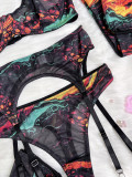 Tie-Dye Mesh Sexy Lingerie Set with 5 Pieces, including Gloves and Mesh Thigh-High Stockings