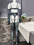 Tie-Dye Mesh Sexy Lingerie Set with 5 Pieces, including Gloves and Mesh Thigh-High Stockings