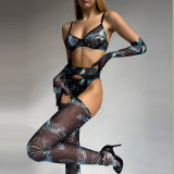 Tie-Dye Mesh Sexy Lingerie Set with 5 Pieces, including Gloves and Mesh Thigh-High Stockings