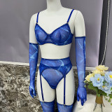 Tie-Dye Mesh Sexy Lingerie Set with 5 Pieces, including Gloves and Mesh Thigh-High Stockings