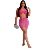 Sexy Bodycon Dress with Rhinestone and Fringe Detailing, featuring Sheer Panels and Diamond Embellishments