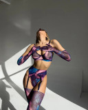 Tie-Dye Mesh Sexy Lingerie Set with 5 Pieces, including Gloves and Mesh Thigh-High Stockings