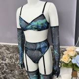 Tie-Dye Mesh Sexy Lingerie Set with 5 Pieces, including Gloves and Mesh Thigh-High Stockings