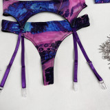 Tie-Dye Mesh Sexy Lingerie Set with 5 Pieces, including Gloves and Mesh Thigh-High Stockings