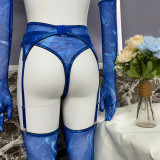 Tie-Dye Mesh Sexy Lingerie Set with 5 Pieces, including Gloves and Mesh Thigh-High Stockings