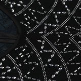 Sexy Bodycon Dress with Rhinestone and Fringe Detailing, featuring Sheer Panels and Diamond Embellishments