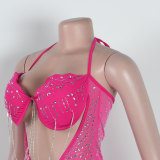 Sexy Bodycon Dress with Rhinestone and Fringe Detailing, featuring Sheer Panels and Diamond Embellishments