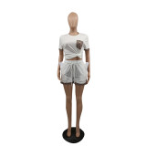 Casual Cotton Short Sleeve Printed Stitching Two-piece Set