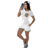 Casual Cotton Short Sleeve Printed Stitching Two-piece Set