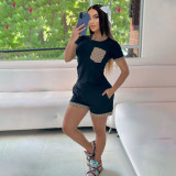 Casual Cotton Short Sleeve Printed Stitching Two-piece Set