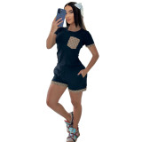 Casual Cotton Short Sleeve Printed Stitching Two-piece Set