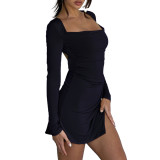 Sexy Backless Bandage Slit Long Sleeve Swing Party Dress