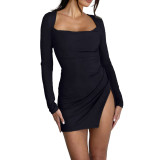 Sexy Backless Bandage Slit Long Sleeve Swing Party Dress