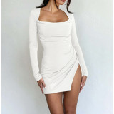 Sexy Backless Bandage Slit Long Sleeve Swing Party Dress