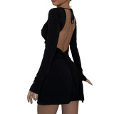 Sexy Backless Bandage Slit Long Sleeve Swing Party Dress
