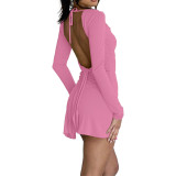 Sexy Backless Bandage Slit Long Sleeve Swing Party Dress