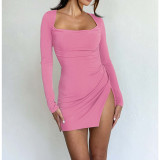 Sexy Backless Bandage Slit Long Sleeve Swing Party Dress
