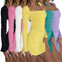 Sexy Backless Bandage Slit Long Sleeve Swing Party Dress