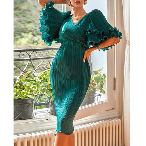 Green Elegant Long Party Dress with Flare Sleeves