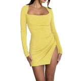 Sexy Backless Bandage Slit Long Sleeve Swing Party Dress