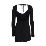 Sexy Backless Bandage Slit Long Sleeve Swing Party Dress