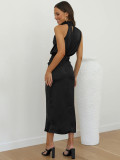 Women Sleeveless Cocktail Dress with Keyhole Neckline and High Split