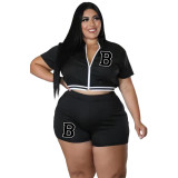 Hot Sale Letter Offset Printing Ribbed Cardigan Zipper Sports Two Piece Plus Size Outfits Set