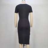 Short-Sleeved Round Neck Split Hem Bodycon Dress