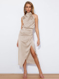 Women Sleeveless Cocktail Dress with Keyhole Neckline and High Split