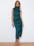 Women Sleeveless Cocktail Dress with Keyhole Neckline and High Split
