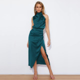 Women Sleeveless Cocktail Dress with Keyhole Neckline and High Split