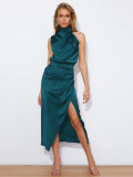 Women Sleeveless Cocktail Dress with Keyhole Neckline and High Split