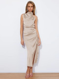 Women Sleeveless Cocktail Dress with Keyhole Neckline and High Split