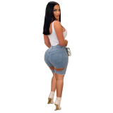 Summer Casual Denim Ripped Washed Inlaid Beaded Slim Jeans Shorts
