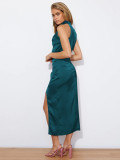 Women Sleeveless Cocktail Dress with Keyhole Neckline and High Split