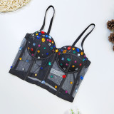 Sheer Mesh Corset with Steel Boning and Rhinestone Embellishments