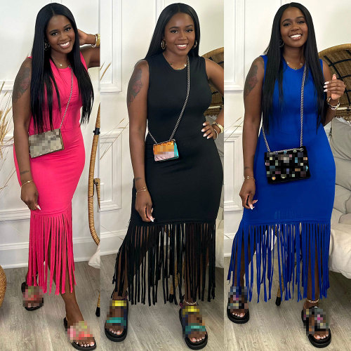 Solid Color Sleeveless Midi Dresses with Tassel