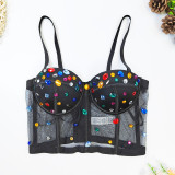Sheer Mesh Corset with Steel Boning and Rhinestone Embellishments
