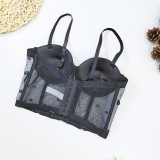 Sheer Mesh Corset with Steel Boning and Rhinestone Embellishments