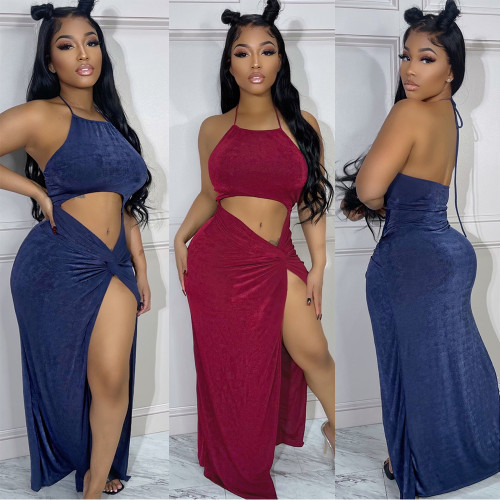 Casual Flannelette Halter Backless Slit Sexy Long Dresses