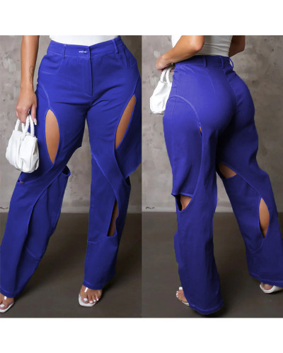 Contrasting Color Stitching Hollow Casual Loose Pants