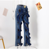 Women's Blue Rope Cut out Wide Leg Jeans
