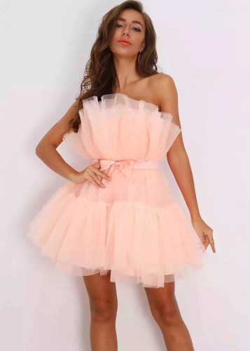 Strapless Tulle Dress with Butterfly Knot and Puffy Skirt