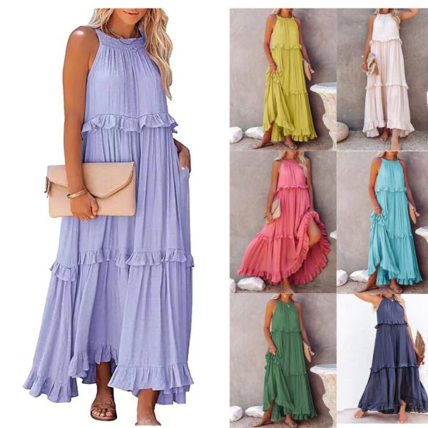 2023 Summer Ruffled Long Dress Amazon Elegant Big Swing Beach Dresses